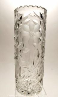 Antique Cylindrical Cut & Etched Crystal Glass Vase with Flower Pattern. Measures 10" tall by 4" in diameter. 