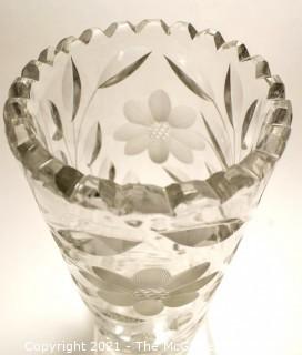 Antique Cylindrical Cut & Etched Crystal Glass Vase with Flower Pattern. Measures 10" tall by 4" in diameter. 