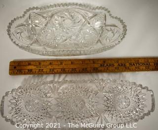 Two (2) Cut & Etched Crystal Pickle or Relish Dishes.  