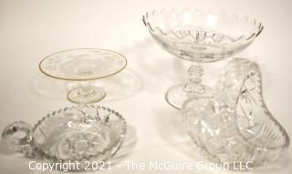 Group of Cut & Etched Crystal Including Pedestal Compotes and Basket Shaped Candy Dish 