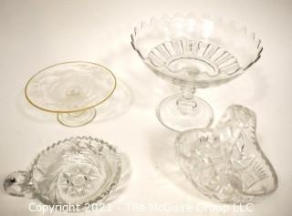 Group of Cut & Etched Crystal Including Pedestal Compotes and Basket Shaped Candy Dish 