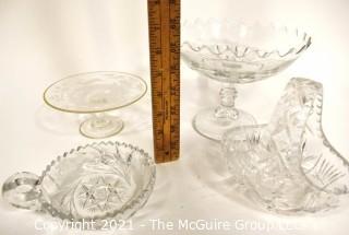 Group of Cut & Etched Crystal Including Pedestal Compotes and Basket Shaped Candy Dish 