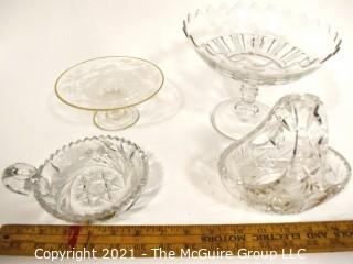 Group of Cut & Etched Crystal Including Pedestal Compotes and Basket Shaped Candy Dish 