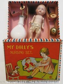 Vintage "My Dolly's Nursing Set"; porcelain doll; in original box