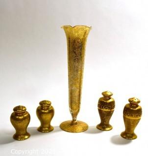 Two (2) Sets of Porcelain With Gold Overlay Salt & Pepper Shakers & Matching Bud Vase.