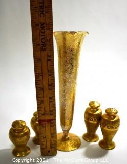 Two (2) Sets of Porcelain With Gold Overlay Salt & Pepper Shakers & Matching Bud Vase.