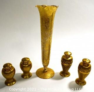 Two (2) Sets of Porcelain With Gold Overlay Salt & Pepper Shakers & Matching Bud Vase.