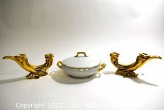 Two (2) Gilt Painted Porcelain Candlesticks with White with Gold Edge Porcelain Lidded Server. 