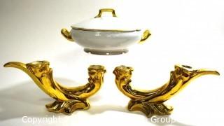 Two (2) Gilt Painted Porcelain Candlesticks with White with Gold Edge Porcelain Lidded Server. 