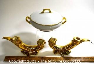 Two (2) Gilt Painted Porcelain Candlesticks with White with Gold Edge Porcelain Lidded Server. 