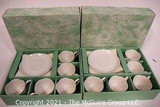 Two (2) Sets of Asian Four White Porcelain Cups and Saucers in Presentation Boxes