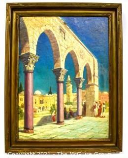 Framed Oil on Canvas of Middle Eastern Scene Signed by Artist Charles E. Ruttan 1932.  Measures 22" x 28"