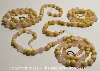 Three (3) Strands of Glass & Carved Bone Beads in Pink. 