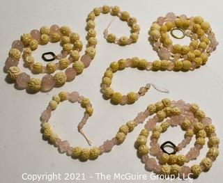 Three (3) Strands of Glass & Carved Bone Beads in Pink. 