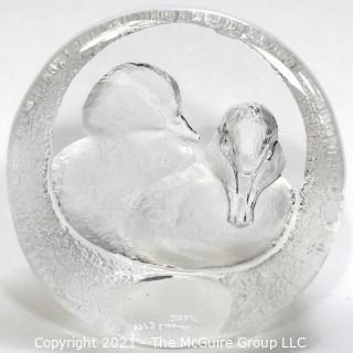 Crystal Duck Paperweight by Mats Jonasson, Signed & Numbered.  Made in Sweden. Measures 4" Long.