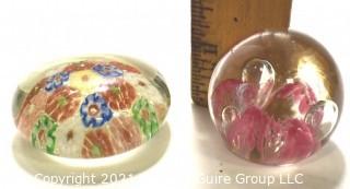 Two (2) Vintage Hand Blown Lampwork Glass Paperweights - Millefiore & Pink Bubbles.