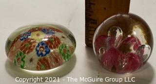 Two (2) Vintage Hand Blown Lampwork Glass Paperweights - Millefiore & Pink Bubbles.