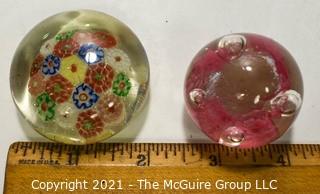 Two (2) Vintage Hand Blown Lampwork Glass Paperweights - Millefiore & Pink Bubbles.