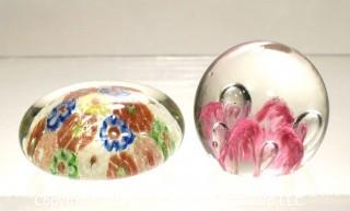 Two (2) Vintage Hand Blown Lampwork Glass Paperweights - Millefiore & Pink Bubbles.