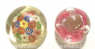 Two (2) Vintage Hand Blown Lampwork Glass Paperweights - Millefiore & Pink Bubbles.