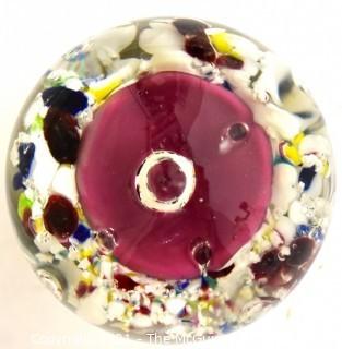 Vintage Round Hand Blown Lampwork Glass Paperweight with Pink Flower. Measures 3" in diameter.