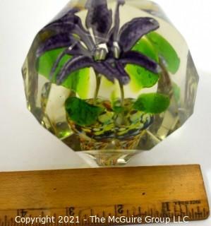 Vintage Murano Hand Blown Lampwork Glass Paperweight with Purple Iris. 