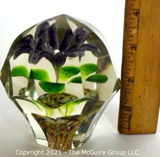 Vintage Murano Hand Blown Lampwork Glass Paperweight with Purple Iris. 