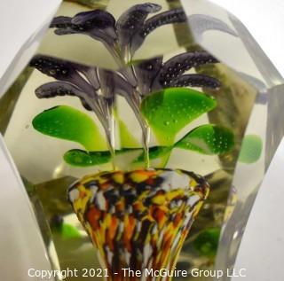 Vintage Murano Hand Blown Lampwork Glass Paperweight with Purple Iris. 