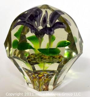 Vintage Murano Hand Blown Lampwork Glass Paperweight with Purple Iris. 