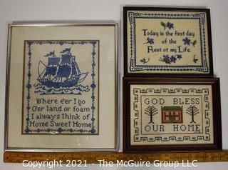 Three (3) Vintage Framed Cross Stitch Sewing Samplers 