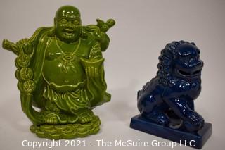 Two (2) Contemporary Ceramic Asian Decorative Items Including Foo Dog and Happy Buddah.