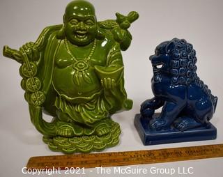 Two (2) Contemporary Ceramic Asian Decorative Items Including Foo Dog and Happy Buddah.