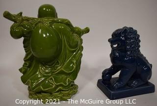 Two (2) Contemporary Ceramic Asian Decorative Items Including Foo Dog and Happy Buddah.