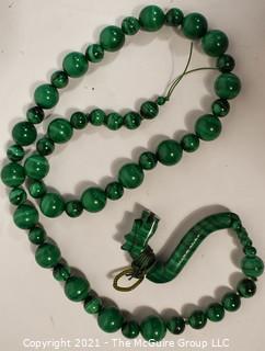 Strand of Green Malachite Beads with Dragon Clasp, Dragon Head is Broken.  Measures 21" long