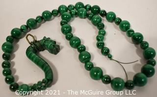 Strand of Green Malachite Beads with Dragon Clasp, Dragon Head is Broken.  Measures 21" long