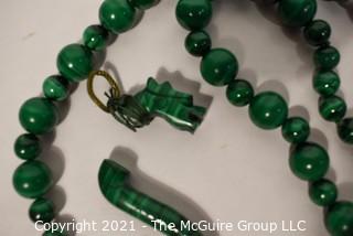 Strand of Green Malachite Beads with Dragon Clasp, Dragon Head is Broken.  Measures 21" long