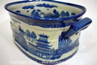 Large Victoria Ware Blue & White Chinoiserie Ironstone Footbath or Jardiniere.  Measures 9" x 11" x 18".