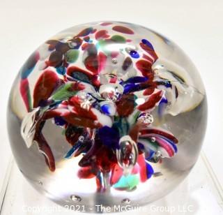 Vintage Round Hand Blown Lampwork Glass Paperweight with Multi Color Flowers.