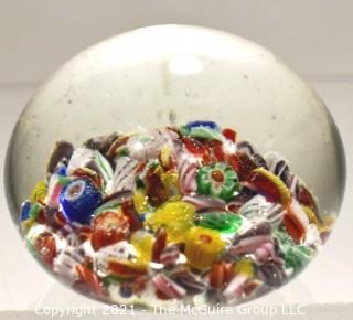 Vintage Hand Blown Round Lampwork Glass Paperweight with Millefiori