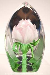 Vintage Hand Blown Lampwork Glass Paperweight with Pink Flower Etched Signature on Base. Measures 3" in diameter and 4" tall.