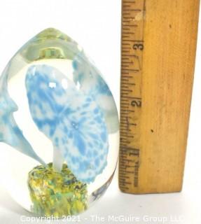 Vintage Hand Blown Lampwork Glass Paperweight with Blue & White Flower