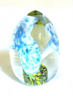 Vintage Hand Blown Lampwork Glass Paperweight with Blue & White Flower