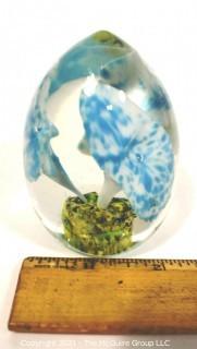 Vintage Hand Blown Lampwork Glass Paperweight with Blue & White Flower