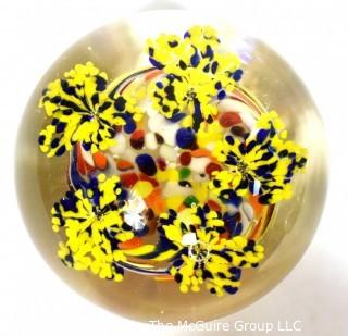 Vintage Round Hand Blown Lampwork Glass Paperweight with Yellow Flowers. Measures 3" in diameter.