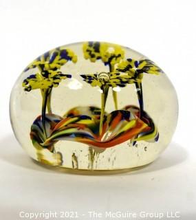 Vintage Round Hand Blown Lampwork Glass Paperweight with Yellow Flowers. Measures 3" in diameter.