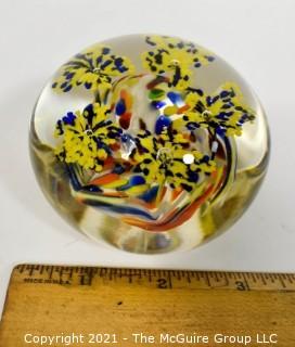 Vintage Round Hand Blown Lampwork Glass Paperweight with Yellow Flowers. Measures 3" in diameter.