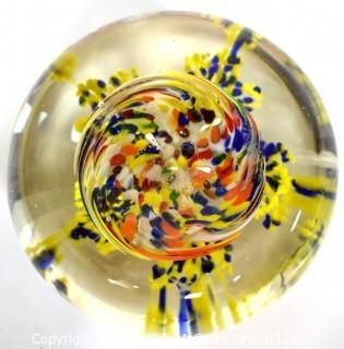 Vintage Round Hand Blown Lampwork Glass Paperweight with Yellow Flowers. Measures 3" in diameter.