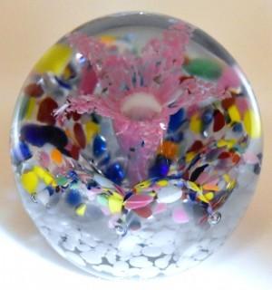 Vintage Round Hand Blown Lampwork Glass Paperweight with Pink Flower. Measures 3" in diameter.