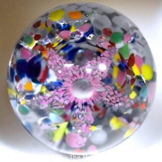 Vintage Round Hand Blown Lampwork Glass Paperweight with Pink Flower. Measures 3" in diameter.