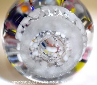 Vintage Round Hand Blown Lampwork Glass Paperweight with Pink Flower. Measures 3" in diameter.